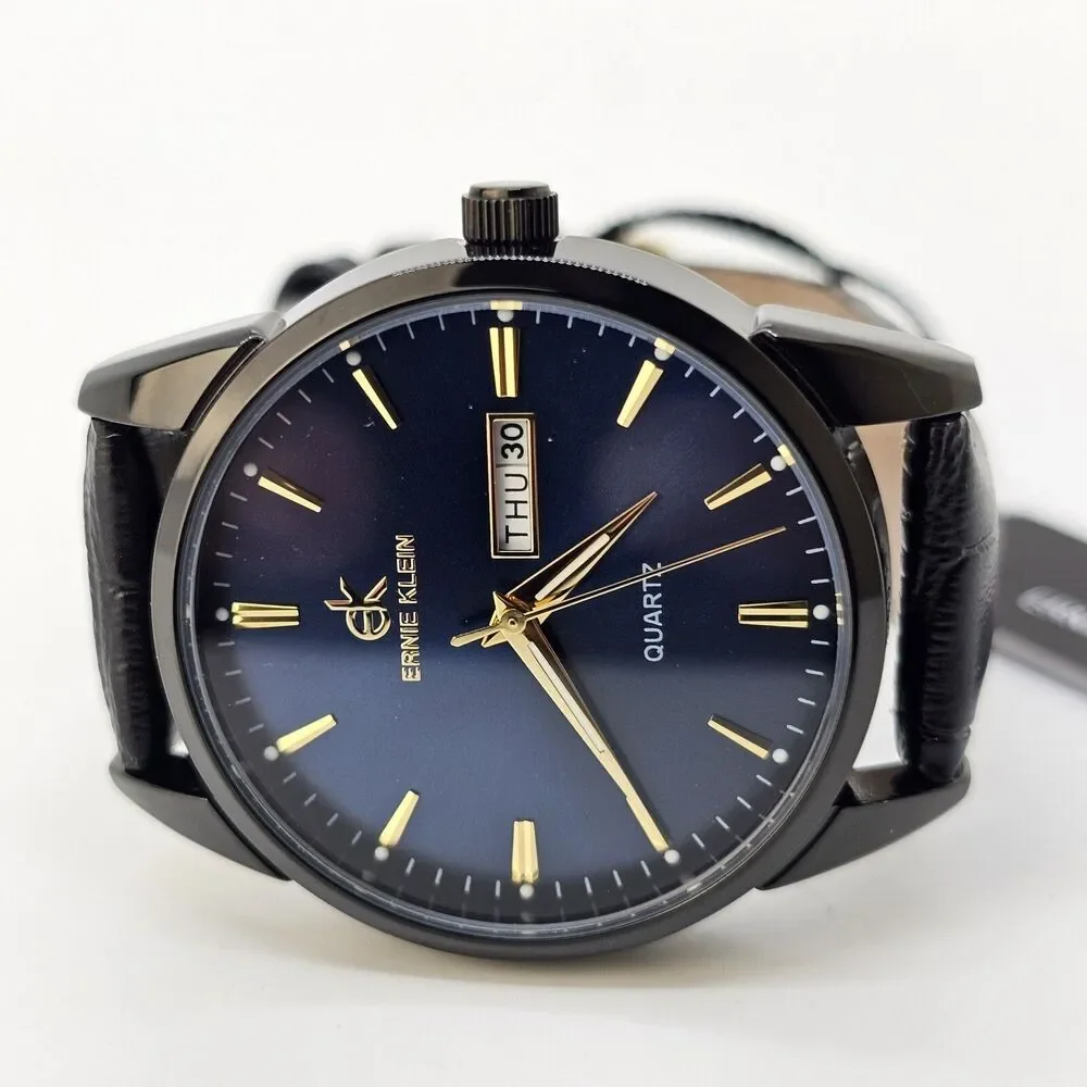 Ernie Klein 38MM Men’s Watch Blue Dial Black‎ Case Day Date Black Leather Bands